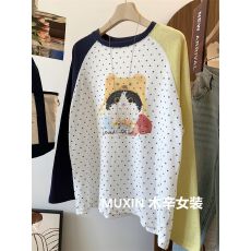 批发21支纯棉大码300斤帽子小猫点点印花拼色插肩<b class='q'>长袖</b>秋韩系宽松T恤衫