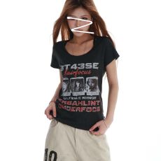 原版广州面料美式复古做旧字母印花短袖T恤女修身显瘦上衣潮