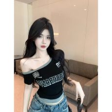 批发260克莫代尔夏季纯欲甜辣妹美式斜领打底衫女假两件印花短袖上衣