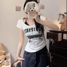 批发【40支精棉】美式撞色字母印花挂脖假两件<b class='q'>短袖</b><b class='q'>T</b><b class='q'>恤</b><b class='q'>女</b>夏季上衣