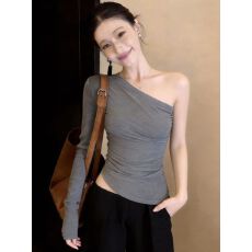 批发【260克人棉<b class='q'>莫代尔</b>】露肩设计感长袖t恤女修身褶皱<b class='q'>打底衫</b>上衣