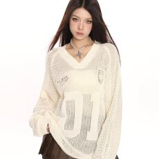 批发2025春新品v领镂空针织衫女宽松慵懒风<b class='q'>毛衣</b>罩衫辣妹上衣