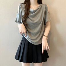 批发260克人棉荡领短袖t恤<b class='q'>打底衫</b>女夏季设计感短款露肩上衣绝美小衫