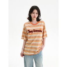 批发美式复古花朵条纹慵懒风短袖T恤<b class='q'>男</b>女字母立体植绒情侣上衣夏