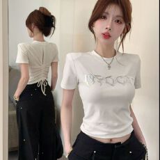 40支纯棉1*1韩版辣妹正肩镂空字母短袖T恤抽绳褶皱上衣女