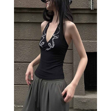 批发哥特风<b class='q'>个性</b>印花挂脖无袖上衣女美式复古甜酷辣妹修身显瘦吊带背心