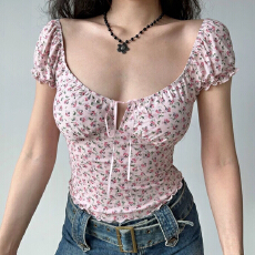 批发<b class='q'>欧美</b>风纯欲系带低领镂空碎花泡泡袖短袖T恤女夏新款修身收腰上衣