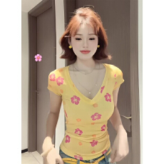 批发韩系ins黄色碎花v领<b class='q'>短袖</b>T恤女春夏新款<b class='q'>修身</b>显瘦设计百搭气质上衣