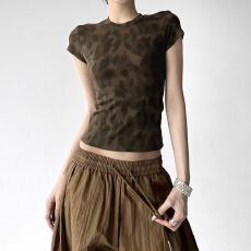 批发复古豹纹<b class='q'>短袖</b>T恤女2026春季新款<b class='q'>修身</b>显瘦圆领辣妹风春装个性上衣