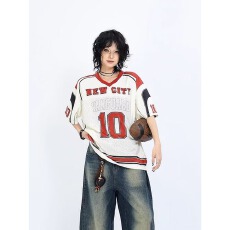 批发美式V领10号印花拼接网眼短袖球衣男女宽松<b class='q'>T</b><b class='q'>恤</b>街头运动上衣