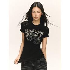 批发美式复古印花短袖正肩<b class='q'>t</b><b class='q'>恤</b>女夏季新款辣妹修身显瘦<b class='q'>欧美</b>紧身上衣ins