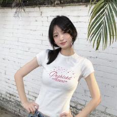 美式潮流设计感字母印花正肩短袖t恤女夏季纯棉短款修身辣妹上衣
