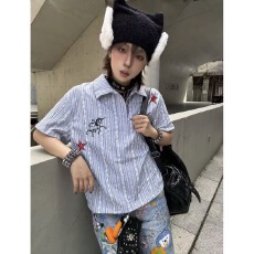 批发26ss小众条纹独角兽印花POLO领下摆抽绳立体碎花短袖<b class='q'>衬衫</b>男女潮