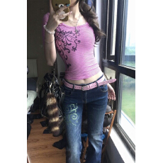 批发纯欲辣妹条纹花卉印花正肩圆领五分<b class='q'>袖</b>T恤女夏季新款修身显瘦<b class='q'>上衣</b>