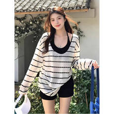批发【原版色织条】条纹防晒罩衫女夏宽松挂脖吊带长袖两件套装上衣