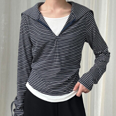 批发<b class='q'>条纹</b>拼接假两件<b class='q'>长袖</b><b class='q'>t</b><b class='q'>恤</b>女春秋2026新款修身显瘦气质打底衫上衣潮