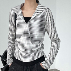 批发<b class='q'>条纹</b>拼接假两件<b class='q'>长袖</b><b class='q'>t</b><b class='q'>恤</b>女春秋2026新款修身显瘦气质打底衫上衣潮
