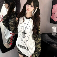 批发<b class='q'>长袖</b>t恤女早秋穿搭骷髅头印花内搭打底衫拼接休闲情侣上衣女装