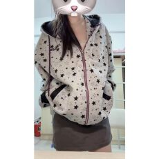 批发美式<b class='q'>街头</b>满印星星开衫连帽卫衣外套女2025春秋新款宽松设计感上衣