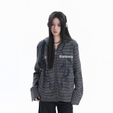 批发美式<b class='q'>街头</b>条纹连帽卫衣女春秋季修身显瘦新款拉链开衫外套上衣