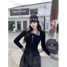 批发【官图 原版布料】韩系黑色条纹长袖t恤女秋<b class='q'>冬</b>季小香风打底