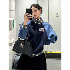 批发美式复古短款立领卫衣外套女2025秋<b class='q'>冬</b>新款撞色设计感宽松休闲上衣