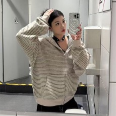 批发慵懒风新款百搭青年<b class='q'>春</b>秋季撞色休闲条纹连帽开衫卫衣外套潮牌