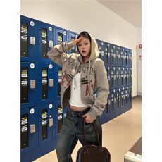 批发纯棉华棉短款连帽卫衣外套女秋季<b class='q'>街头</b>风修身拉链开衫上衣