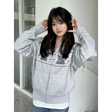 批发【原版面料】美式复古<b class='q'>小熊</b>印花拉链连帽<b class='q'>卫衣</b>开衫女春秋灰色外套