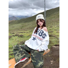 批发【斜领】曼巴棉300克 后包领彩色内外同色印花长袖宽松套头卫衣女
