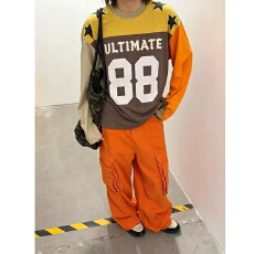 批发美式复古宽松撞色<b class='q'>街头</b>长袖男女圆领数字印花百搭T恤