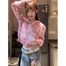 批发美式小众国潮粉色迷彩<b class='q'>开衫外套</b>女秋冬季宽松蝴蝶刺绣短款