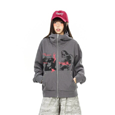 批发怕麻烦人像印花<b class='q'>卫衣</b><b class='q'>开衫</b>女秋季新款宽松Bf美式复古设计感铆钉外套