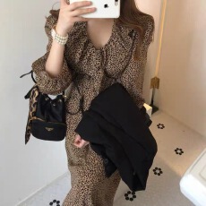 批发【韩韩家】韩国 V领荷叶边喇叭袖豹纹优雅气质连衣裙dress