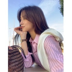 批发韩韩家韩国蓝色条纹翻领衬衫女长袖衬衣气质修身叠穿上衣