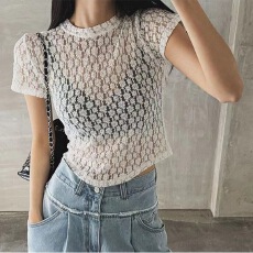 批发韩国设计师<b class='q'>品牌</b> 花朵刺绣微透短袖T恤上衣