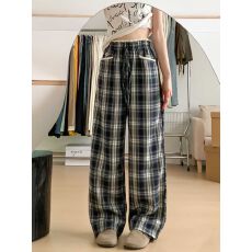 批发蕾丝花边格子阔腿裤女秋季薄新款高腰显瘦宽松百搭垂感直筒拖地裤