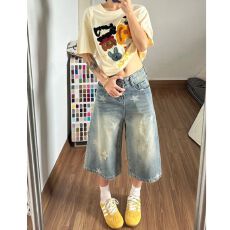 批发韩版阔腿牛仔七分裤女2026夏季高个子洋气星星印花遮肉破洞七分裤