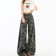 批发美式<b class='q'>迷彩</b>工装牛仔<b class='q'>裤</b>女夏季新款复古高腰直筒<b class='q'>裤</b>宽松百搭显瘦阔腿<b class='q'>裤</b>