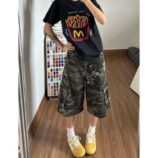 批发微胖mm高街宽松休闲工装七分<b class='q'>裤</b>女春季新款美式多口袋<b class='q'>迷彩</b>牛仔中<b class='q'>裤</b>