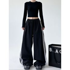 批发美式高街低腰宽松爵士舞条纹拼接休闲裤女<b class='q'>户外</b>登山阔腿束脚工装裤