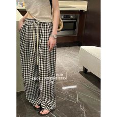 批发复古格子高腰休闲裤女新款<b class='q'>韩版</b>高腰垂感显瘦直筒阔腿裤