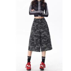 批发美式复古迷彩七分牛仔短裤<b class='q'>女</b>夏季新款宽松阔腿休闲工装直筒中裤潮