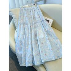 批发小清新碎花蓝色半身裙女松紧腰刺绣设计高腰<b class='q'>中长款</b>a字蛋糕裙子