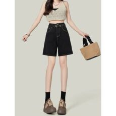 批发2026夏季黑色明线五分牛仔<b class='q'>短裤</b><b class='q'>女</b>薄款高腰显瘦宽松遮胯小个子中裤