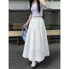 批发原版广州面料 刺绣镂空花朵棉质半身裙女韩版高腰A字裙<b class='q'>中长款</b>裙