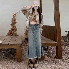 批发美式复古半身高腰<b class='q'>牛仔</b>裙女夏季毛边设计感ins风包臀a字鱼尾中长裙