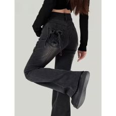 批发双排扣佐依微喇牛仔裤女<b class='q'>春</b>秋新款高腰显瘦复古垂感喇叭裤子情侣