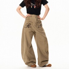 美式复古刺绣字母牛仔弯刀裤女2026夏装新款高个子工装阔腿长裤潮