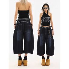 美式复古字母刺绣弯刀牛仔七分短裤女夏季新款设计感宽松直筒中裤